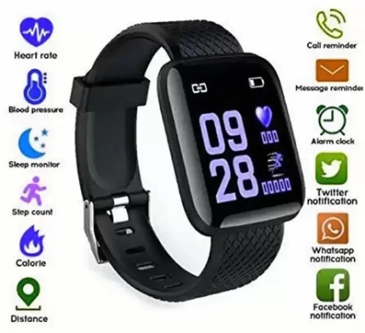 Smart Watch for Men ID116 Plus Waterproof Bluetooth Smartwatch Fitness Band with Heart Rate Sensor Activity Tracker BP Monitor Latest 1.3 LED Display Sports Smart Watch for Kids,Boys  Girls - Black