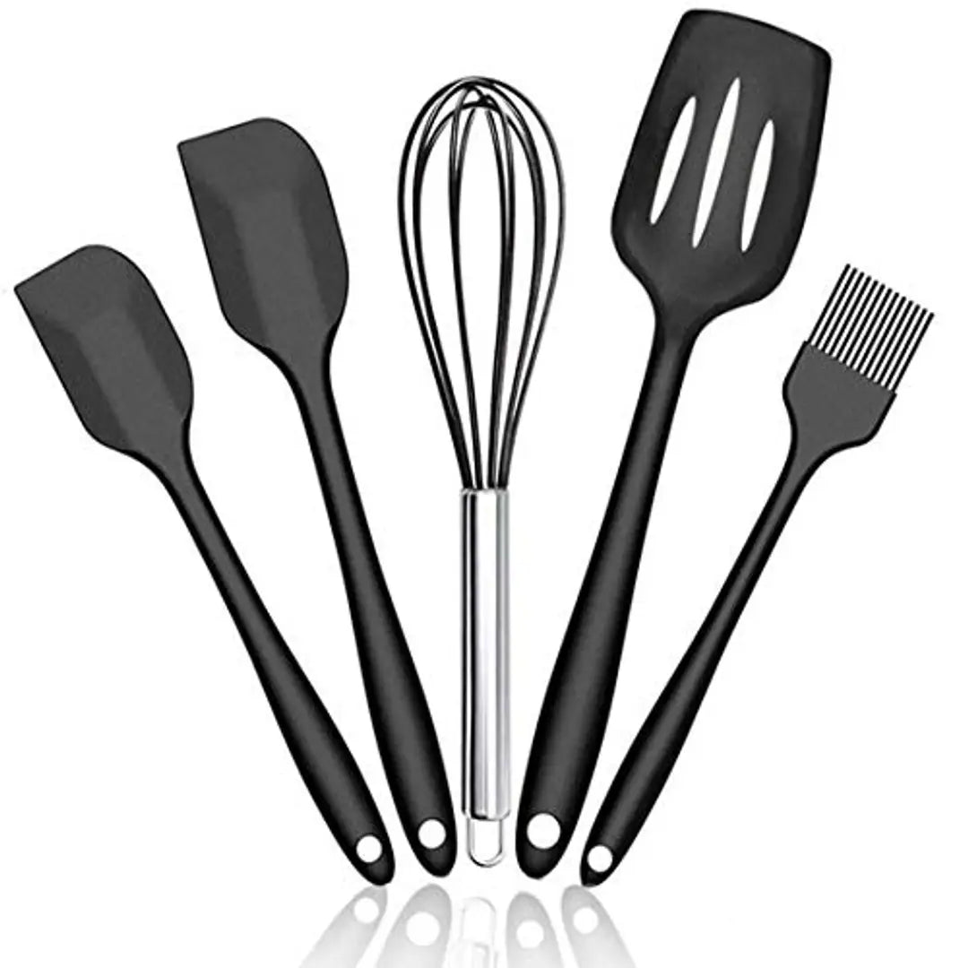 SYGA 5 Pieces Silicone Kitchen Utensils Spoon Set Cooking  Baking Tool Sets Non-Toxic Hygienic Safety Heat Resistant_Black