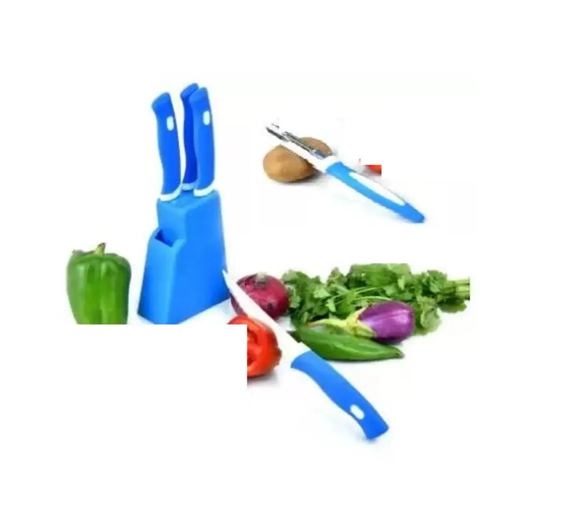 Knife Set for Kitchen with Stand, Knife Set for Kitchen use,5 Pieces Kitchen Knife Set with Holder Stand 4 Knife + 1 Peeler + 1 Stand (BLUE)